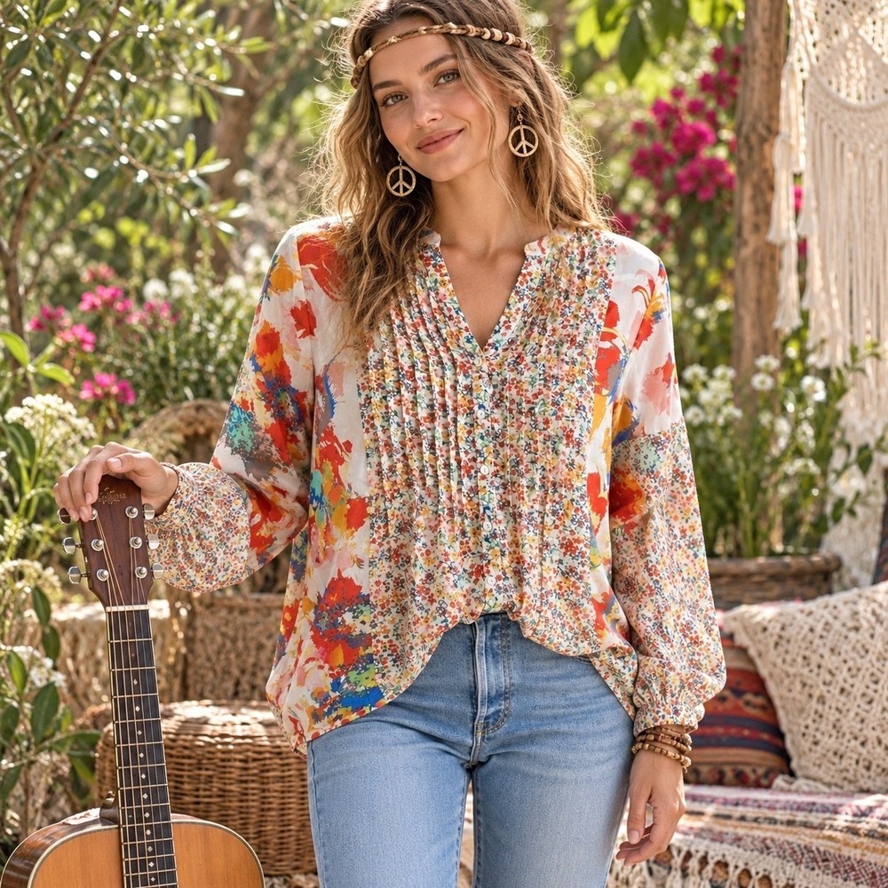 Hope Springs Floral Blouse Fits Medium Top Multicolor Boho Hippie Vibes
